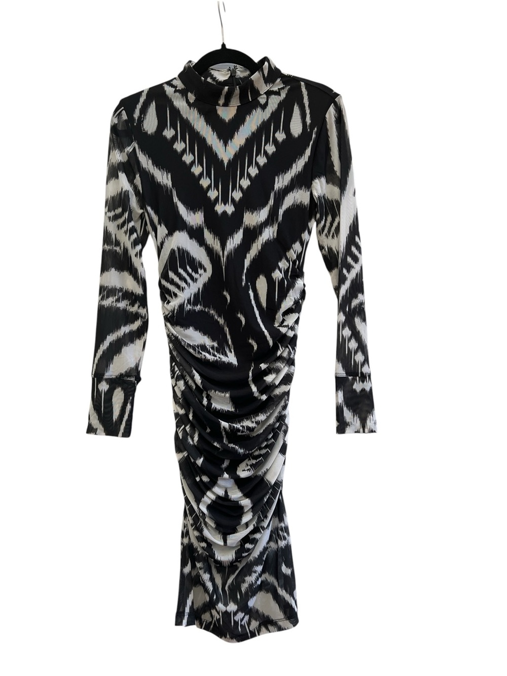 FARM Rio Pineapple Ikat Tulle Midi Dress Black White Ruched Size S Bodycon - Picture 3 of 9